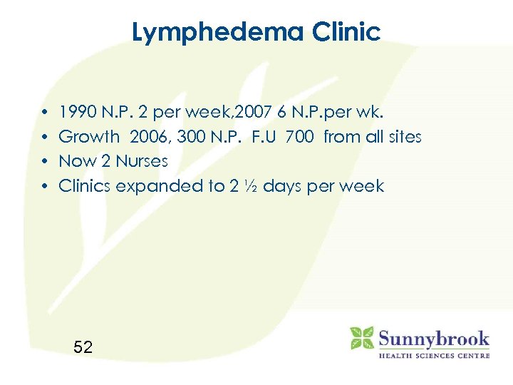 Lymphedema Clinic • • 1990 N. P. 2 per week, 2007 6 N. P.