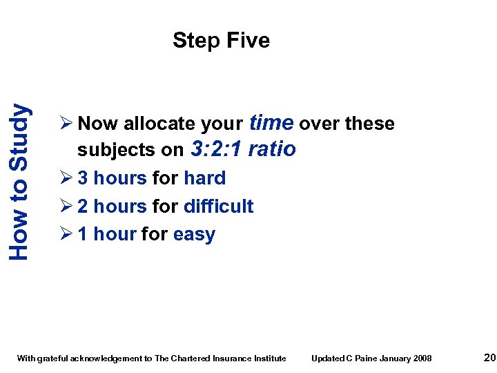 How to Study Step Five Ø Now allocate your time over these subjects on