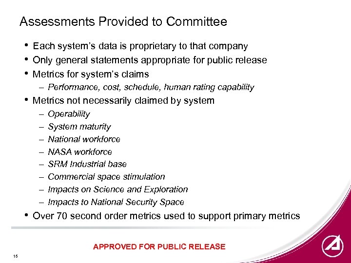 Assessments Provided to Committee • • • Each system’s data is proprietary to that