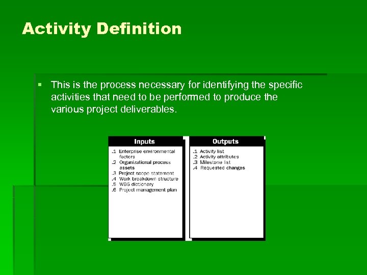 Activity Definition § This is the process necessary for identifying the specific activities that