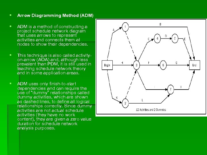 § Arrow Diagramming Method (ADM) § ADM is a method of constructing a project
