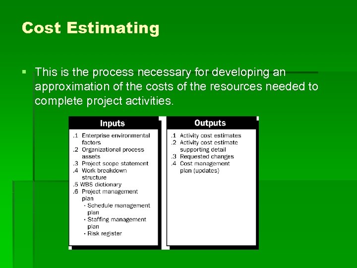 Cost Estimating § This is the process necessary for developing an approximation of the