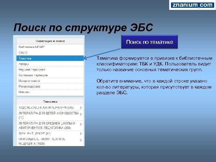Поиск по структуре ЭБС Поиск по тематике Тематика формируется в привязке к библиотечным классификаторам: