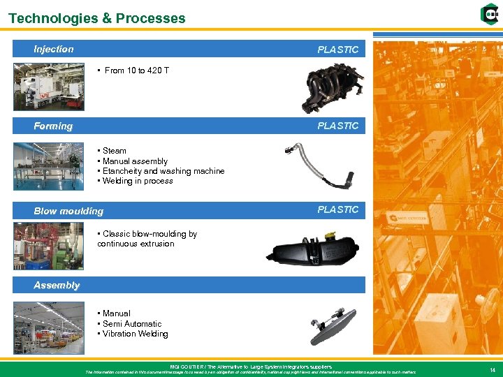 Technologies & Processes Injection PLASTIC • From 10 to 420 T Forming PLASTIC •