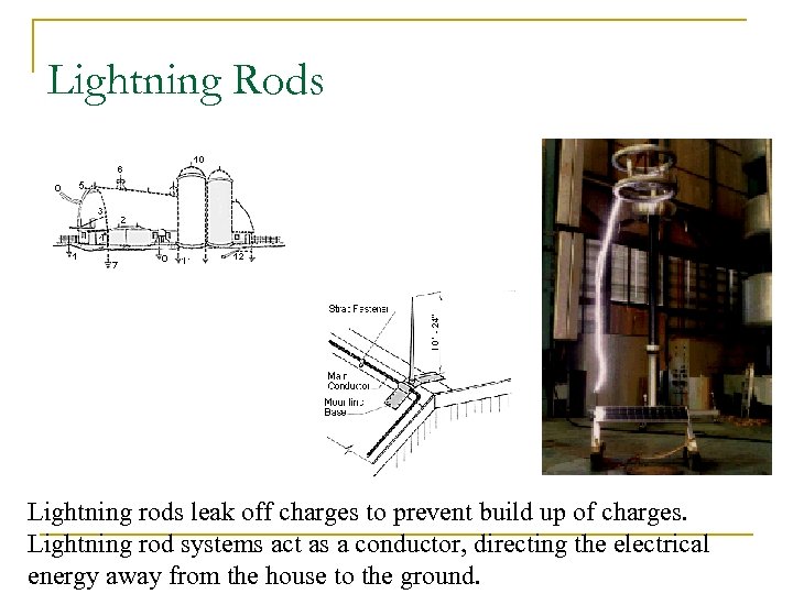 Lightning Rods Lightning rods leak off charges to prevent build up of charges. Lightning
