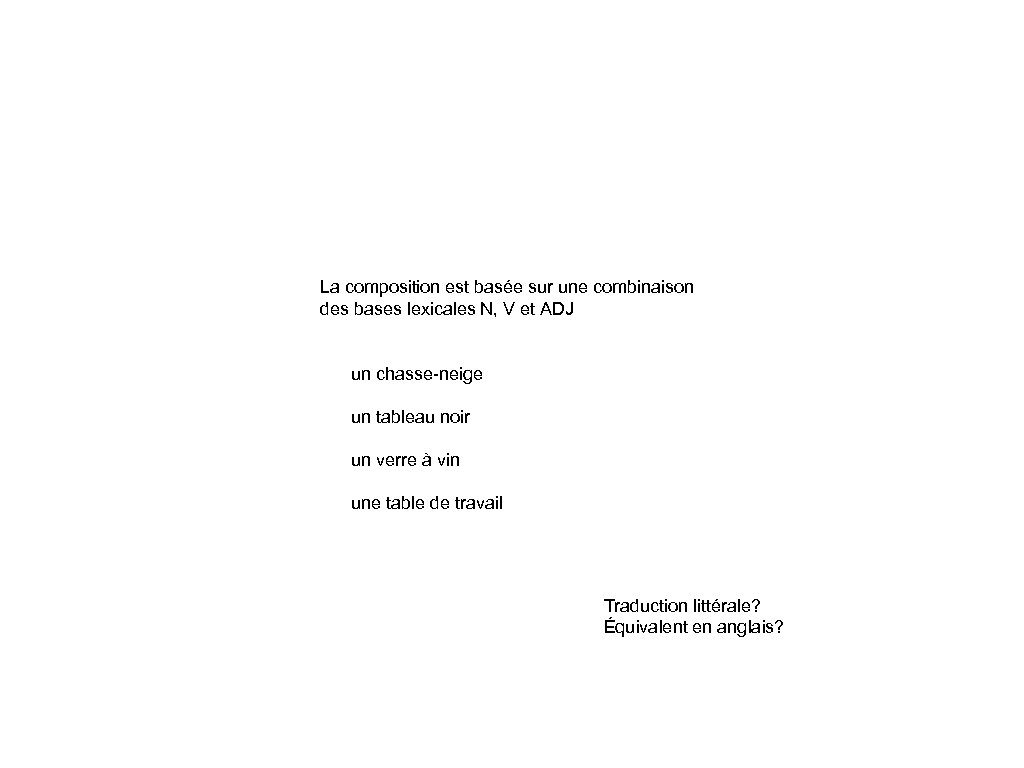 La composition est basée sur une combinaison des bases lexicales N, V et ADJ