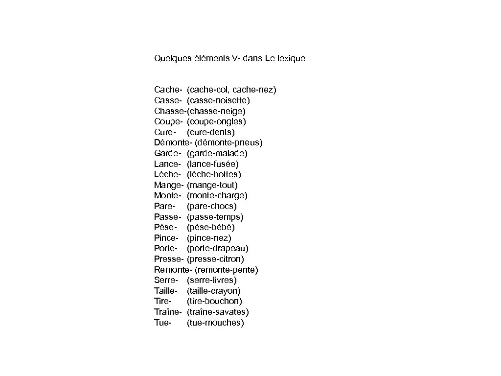 Quelques éléments V- dans Le lexique Cache- (cache-col, cache-nez) Casse- (casse-noisette) Chasse-(chasse-neige) Coupe- (coupe-ongles)