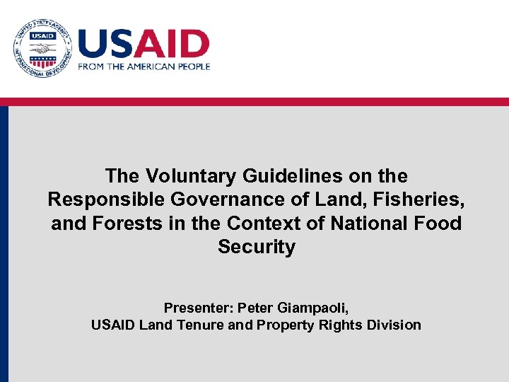 The Voluntary Guidelines on the Responsible Governance of Land, Fisheries, and Forests in the