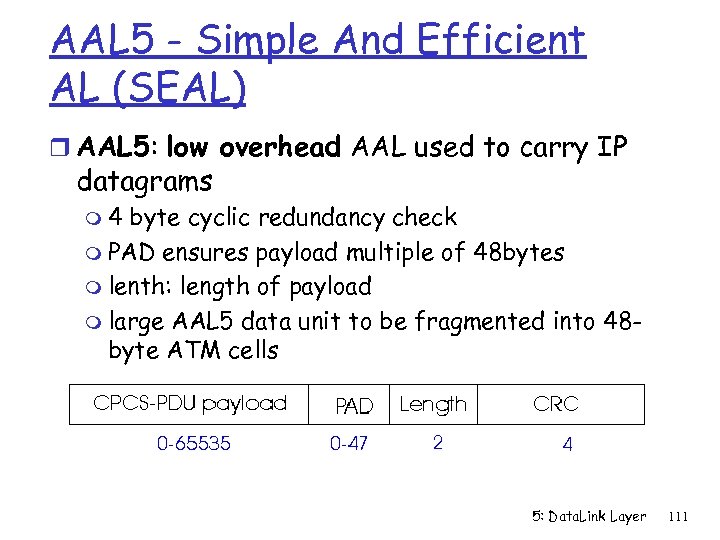 AAL 5 - Simple And Efficient AL (SEAL) r AAL 5: low overhead AAL
