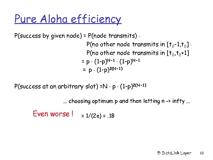 Pure Aloha efficiency P(success by given node) = P(node transmits). P(no other node transmits
