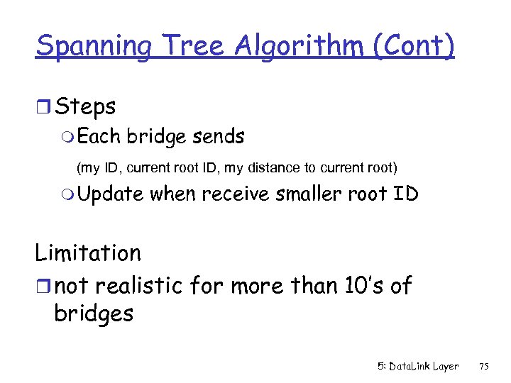Spanning Tree Algorithm (Cont) r Steps m Each bridge sends (my ID, current root