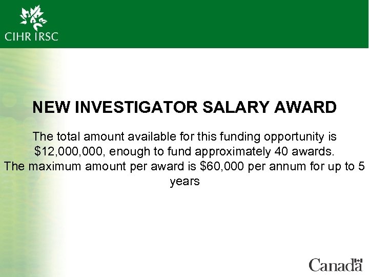 NEW INVESTIGATOR SALARY AWARD The total amount available for this funding opportunity is $12,