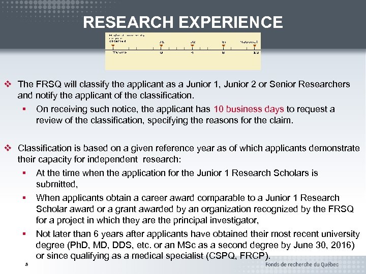 RESEARCH EXPERIENCE v The FRSQ will classify the applicant as a Junior 1, Junior