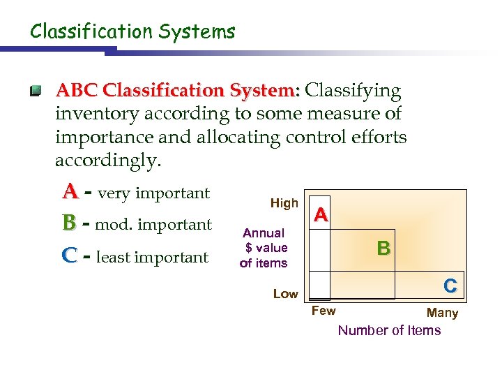 Classification Systems ABC Classification System: Classifying inventory according to some measure of importance and