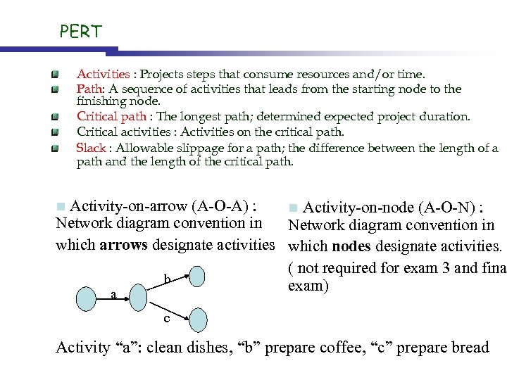 PERT Activities : Projects steps that consume resources and/or time. Path: A sequence of