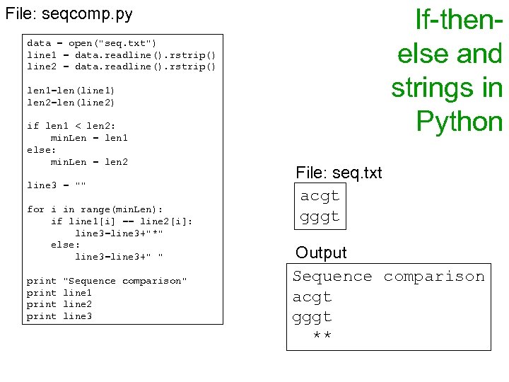 If-thenelse and strings in Python File: seqcomp. py data = open("seq. txt") line 1