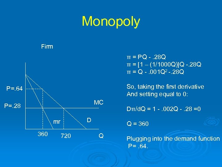 Monopoly Firm π = PQ -. 28 Q π = [1 – (1/1000 Q)]Q
