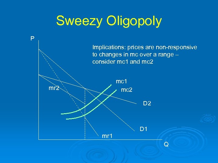 Sweezy Oligopoly P Implications: prices are non-responsive to changes in mc over a range