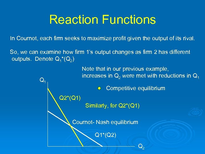 Reaction Functions In Cournot, each firm seeks to maximize profit given the output of