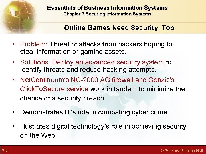 Essentials of Business Information Systems Chapter 7 Securing Information Systems Online Games Need Security,