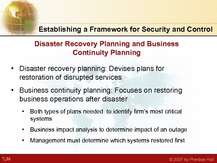 Establishing a Framework for Security and Control Disaster Recovery Planning and Business Continuity Planning