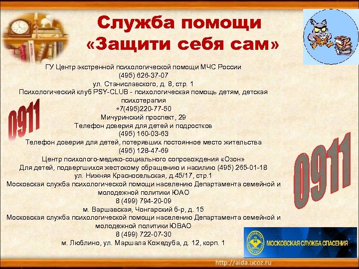 Служба помощи «Защити себя сам» ГУ Центр экстренной психологической помощи МЧС России (495) 626