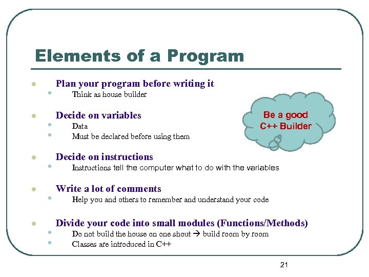 Elements of a Program l l l • • Plan your program before writing