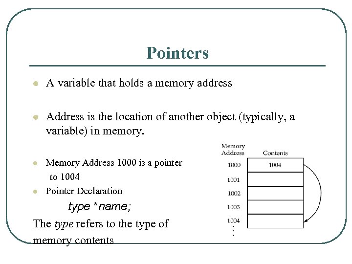 Pointers l A variable that holds a memory address l Address is the location