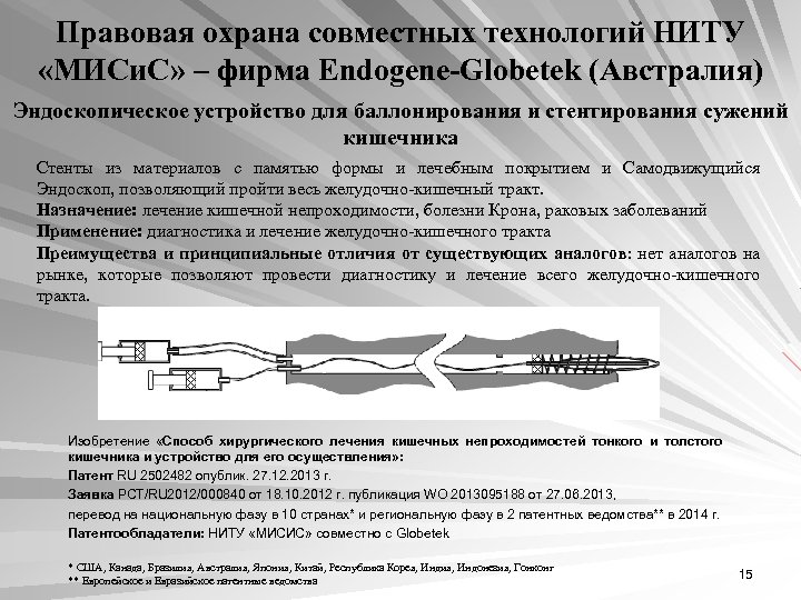 Правовая охрана совместных технологий НИТУ «МИСи. С» – фирма Endogene-Globetek (Австралия) Эндоскопическое устройство для