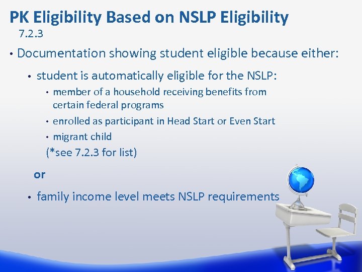 PK Eligibility Based on NSLP Eligibility 7. 2. 3 • Documentation showing student eligible