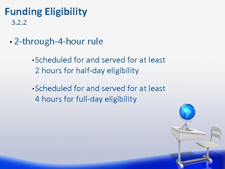  Funding Eligibility 3. 2. 2 • 2 -through-4 -hour rule • Scheduled for
