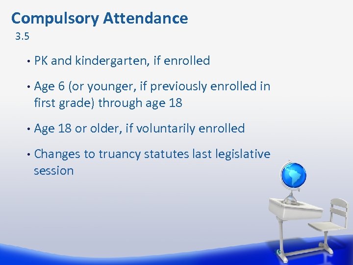  Compulsory Attendance 3. 5 • PK and kindergarten, if enrolled • Age 6
