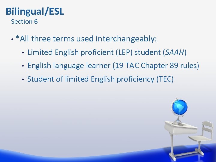 Bilingual/ESL Section 6 • *All three terms used interchangeably: • Limited English proficient (LEP)