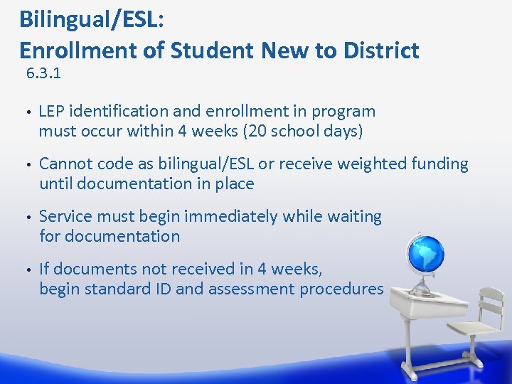  Bilingual/ESL: Enrollment of Student New to District 6. 3. 1 • LEP identification