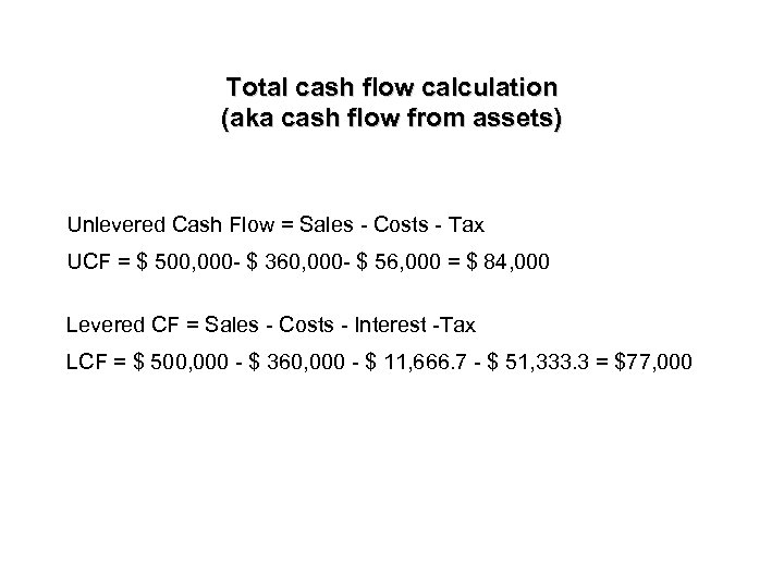 Total cash flow calculation (aka cash flow from assets) Unlevered Cash Flow = Sales