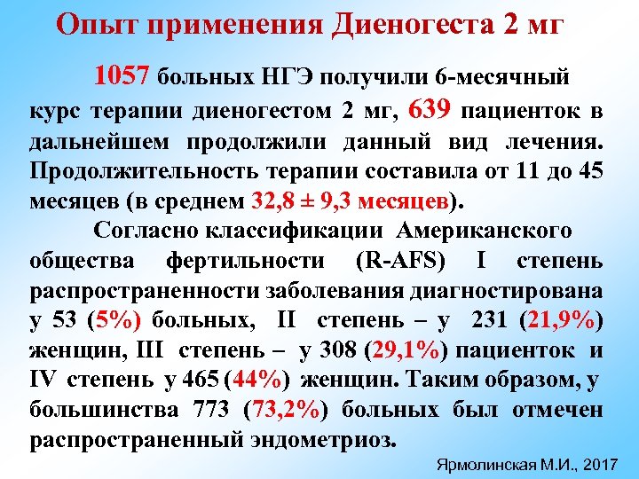 Опыт применения Диеногеста 2 мг 1057 больных НГЭ получили 6 -месячный курс терапии диеногестом