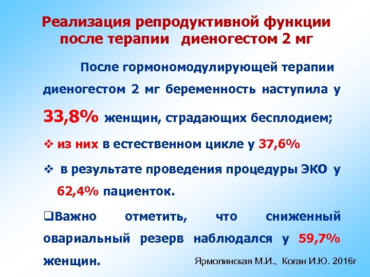 Реализация репродуктивной функции после терапии диеногестом 2 мг После гормономодулирующей терапии диеногестом 2 мг