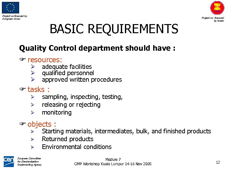 Project co-financed by European Union BASIC REQUIREMENTS Project co- financed by Asean Quality Control