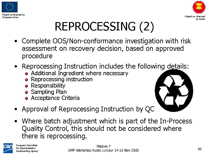 Project co-financed by European Union REPROCESSING (2) Project co- financed by Asean • Complete