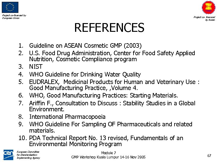 Project co-financed by European Union REFERENCES Project co- financed by Asean 1. Guideline on