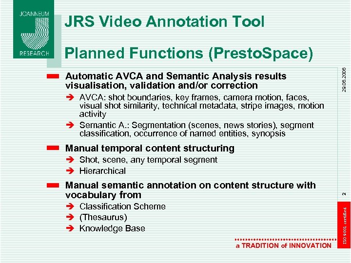 JRS Video Annotation Tool Automatic AVCA and Semantic Analysis results visualisation, validation and/or correction