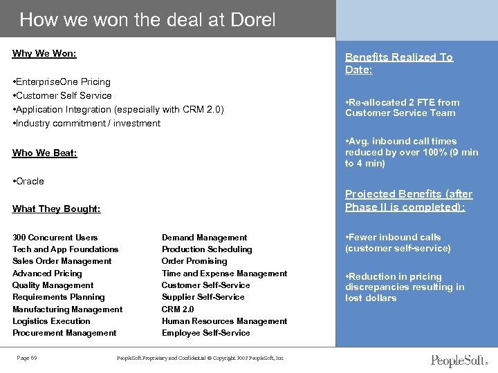 How we won the deal at Dorel Why We Won: Benefits Realized To Date: