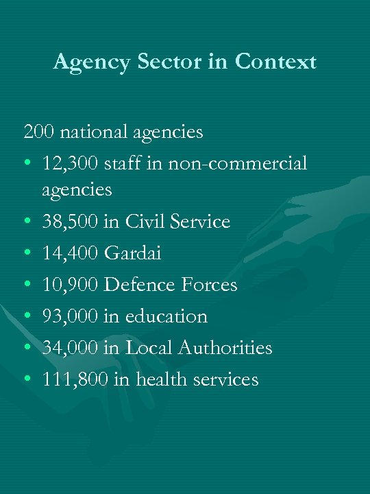 Agency Sector in Context 200 national agencies • 12, 300 staff in non-commercial agencies