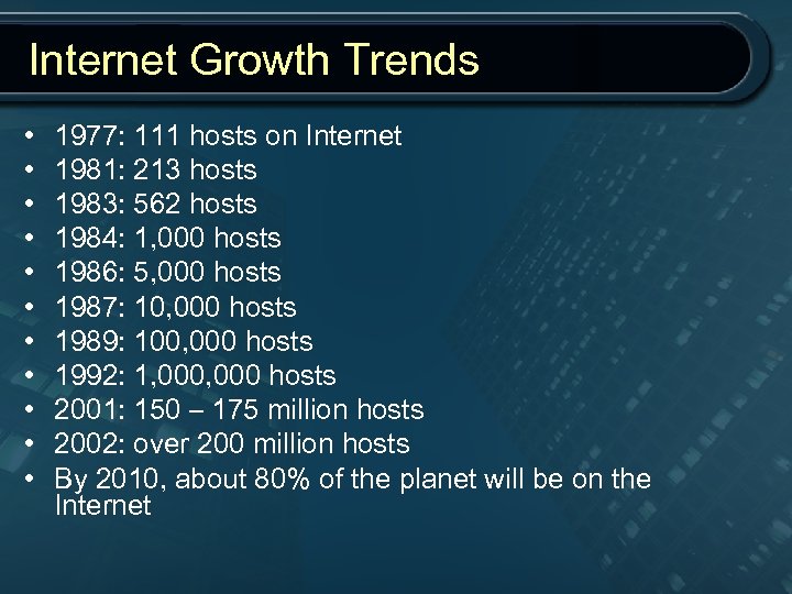 Internet Growth Trends • • • 1977: 111 hosts on Internet 1981: 213 hosts