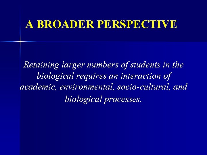 A BROADER PERSPECTIVE Retaining larger numbers of students in the biological requires an interaction