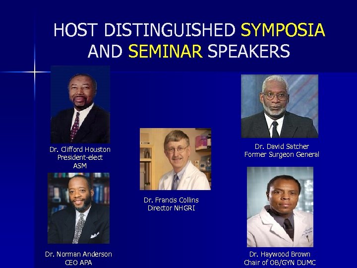 HOST DISTINGUISHED SYMPOSIA AND SEMINAR SPEAKERS Dr. David Satcher Former Surgeon General Dr. Clifford