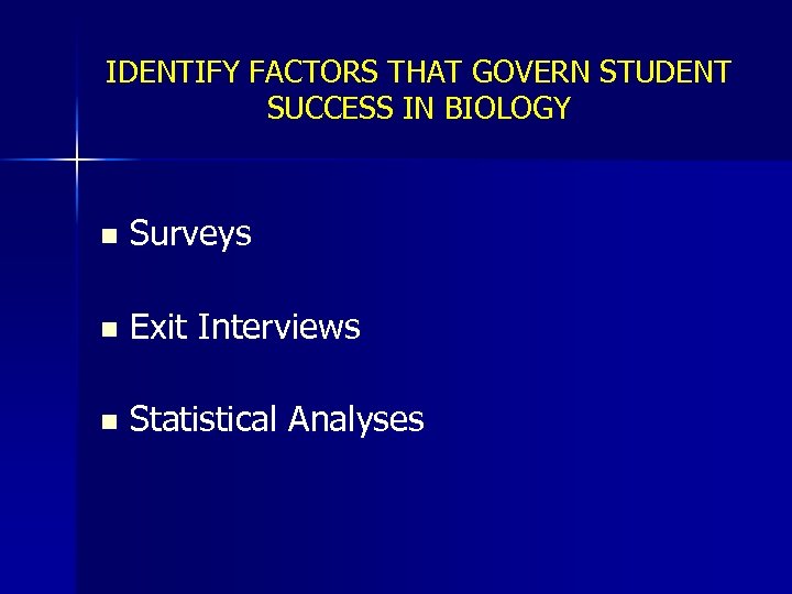 IDENTIFY FACTORS THAT GOVERN STUDENT SUCCESS IN BIOLOGY n Surveys n Exit Interviews n