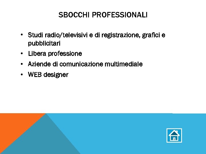 SBOCCHI PROFESSIONALI • Studi radio/televisivi e di registrazione, grafici e pubblicitari • Libera professione