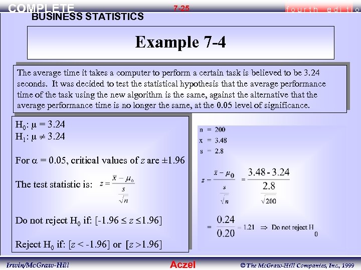 COMPLETE BUSINESS STATISTICS 7 -25 fourth edi tio Example 7 -4 The average time