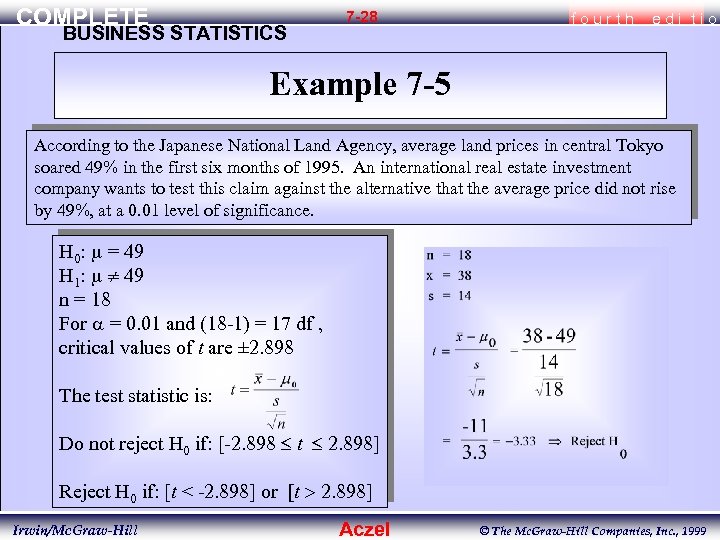 COMPLETE BUSINESS STATISTICS 7 -28 fourth edi tio Example 7 -5 According to the